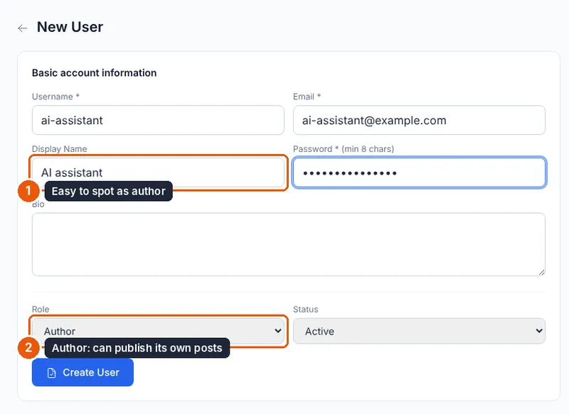 The New User form with the display name AI assistant and the Author role