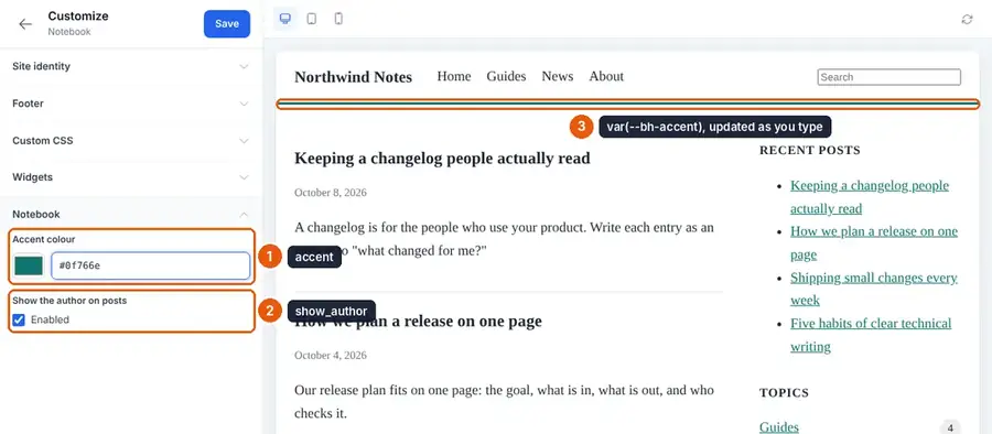 The Customizer with the Notebook section open: the accent colour and author toggle, and the preview using the new colour