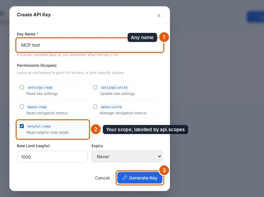 The Create API Key dialog with the helpful:read scope ticked