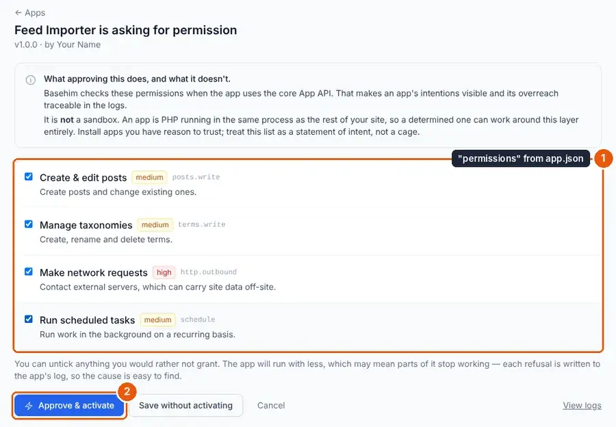 Feed Importer asking for permission: posts.write, terms.write, http.outbound and schedule, with Approve and activate