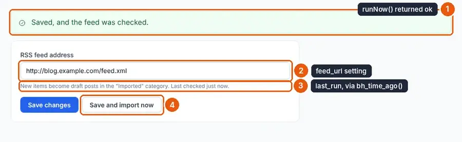 The Feed importer screen after Save and import now, with the success message and Last checked just now