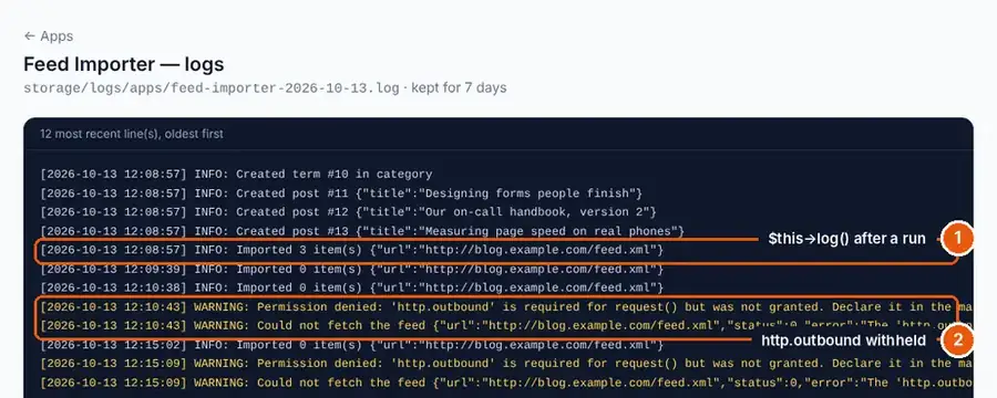 The Feed Importer log: Imported 3 items, then permission denied for http.outbound and Could not fetch the feed
