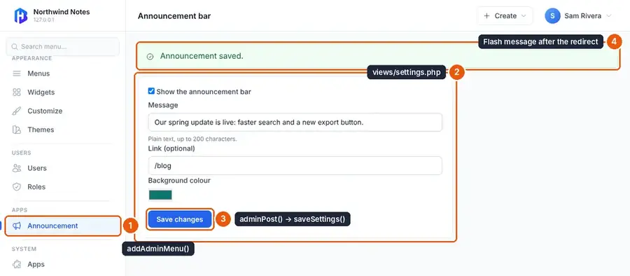 The Announcement bar settings screen after saving, with the sidebar item, the form and the saved message